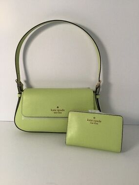 NWT Kate Spade NY Leather Madison Small Flap Shoulder Bag Wallet Set Lime Slush